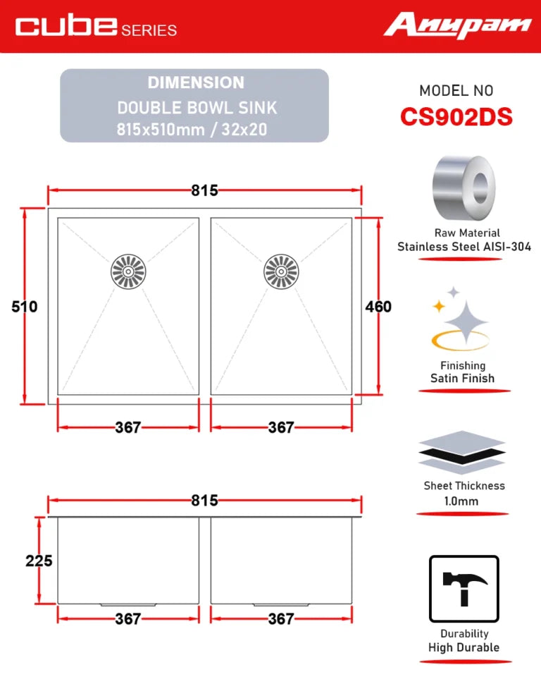 Anupam Sink CS 902 DS | SIZE - 32x20X9 INCHES | Handmade Double Bowl Kitchen Sink | 304 GRADE S.S SINK