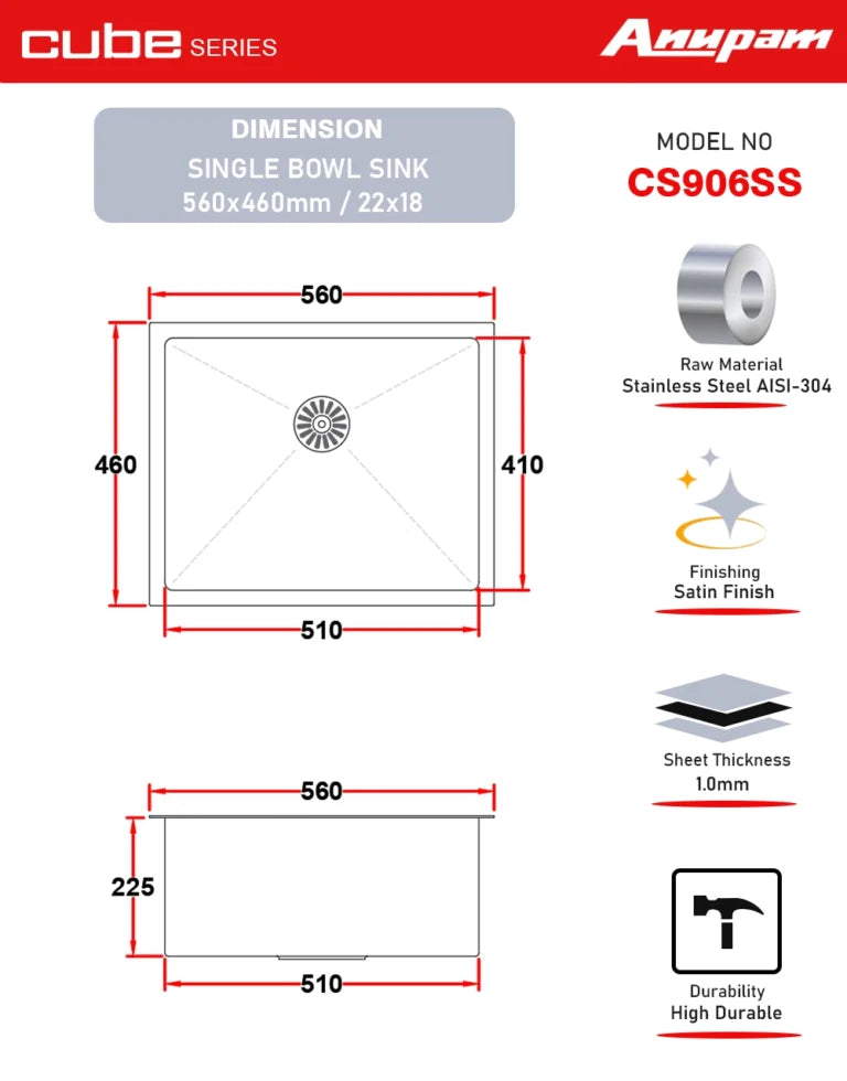 Anupam Sink CS 906 SS | SIZE - 22x18X9 INCHES | Handmade Single Bowl Kitchen Sink | 304 GRADE S.S SINK