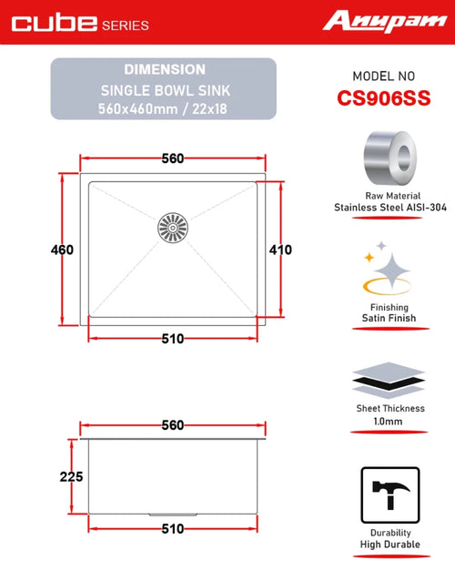 Anupam Sink CS 906 SS | SIZE - 22x18X9 INCHES | Handmade Single Bowl Kitchen Sink | 304 GRADE S.S SINK