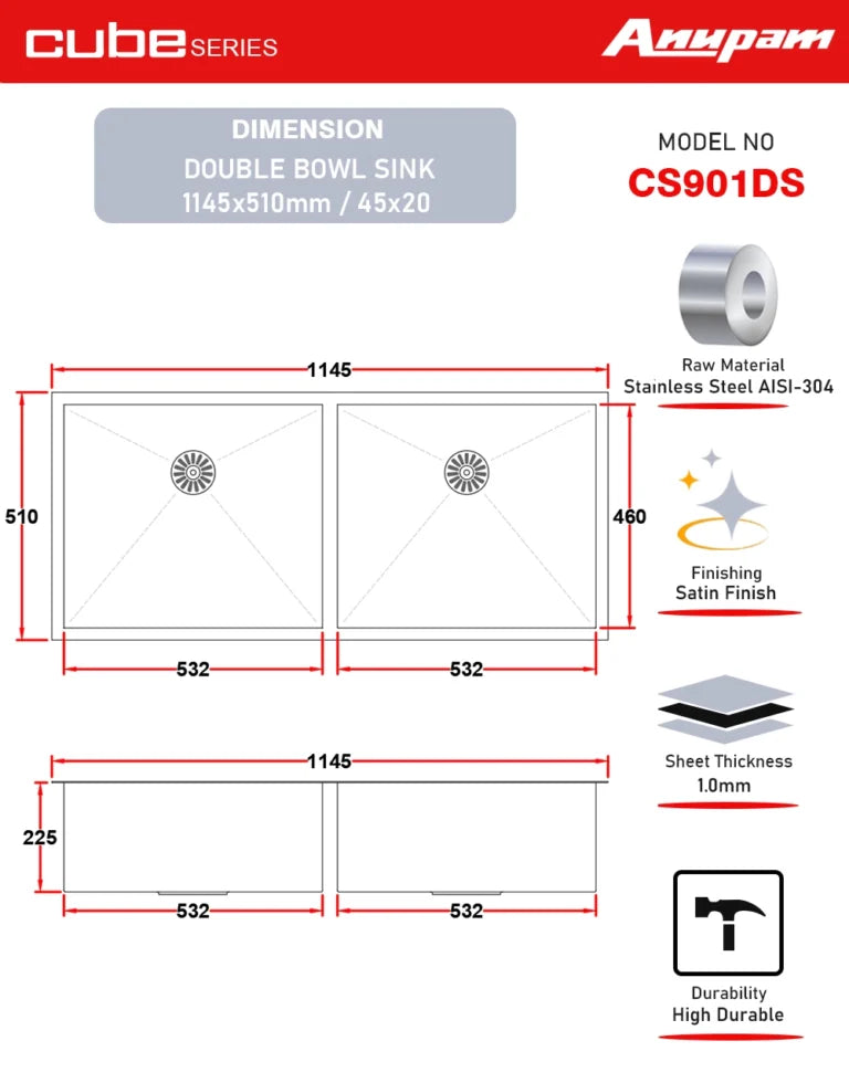 Anupam Sink CS 901 DS | SIZE - 45x20X9 INCHES | Handmade Double Bowl Kitchen Sink | 304 Grade S. S. Sink