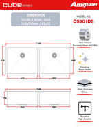 Anupam Sink CS 901 DS | SIZE - 45x20X9 INCHES | Handmade Double Bowl Kitchen Sink | 304 Grade S. S. Sink