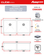 Anupam Sink CS 903 DS | SIZE - 37x18X9 INCHES | Handmade Double Bowl Kitchen Sink | 304 GRADE S.S SINK