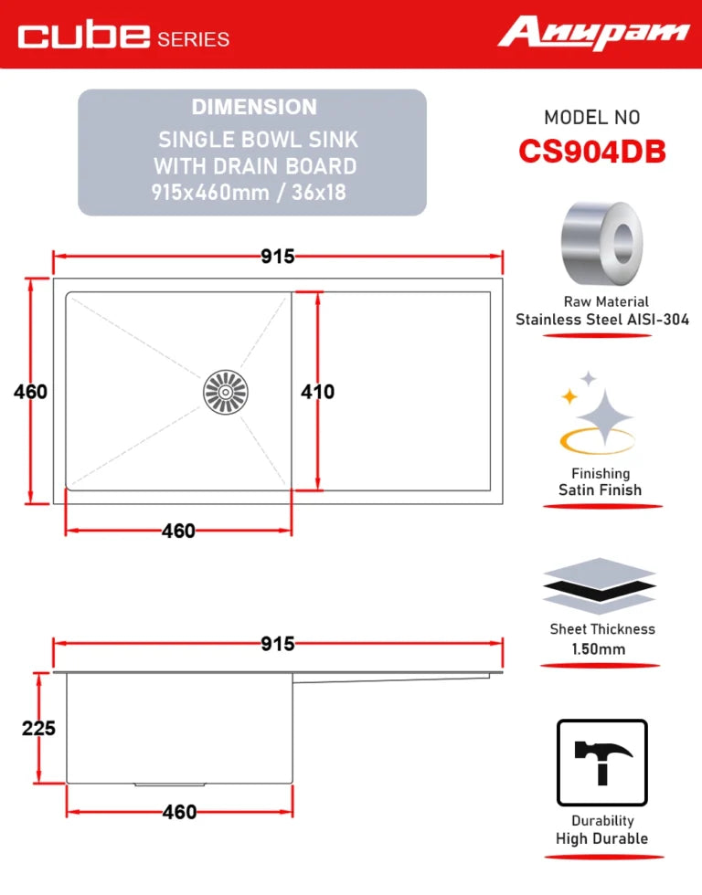 Anupam Sink CS 904 DB | SIZE - 36x18X9 INCHES | Handmade Drain Board Kitchen Sink | 304 GRADE S.S SINK