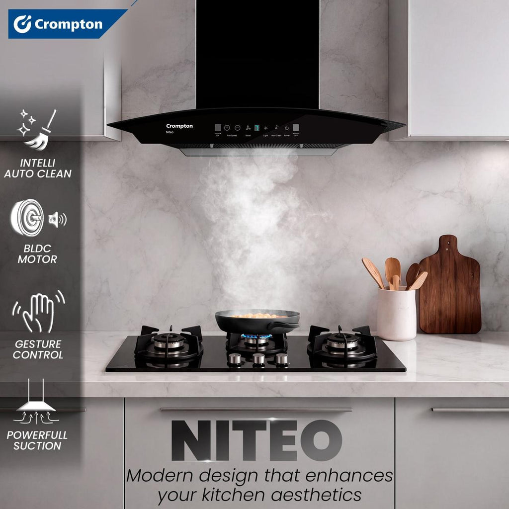 Crompton Niteo Curved (NIC-60) 60 cm Chimney | Self Intelli Auto Clean | Max Suction 1500 m³/hr | BLDC Motor |