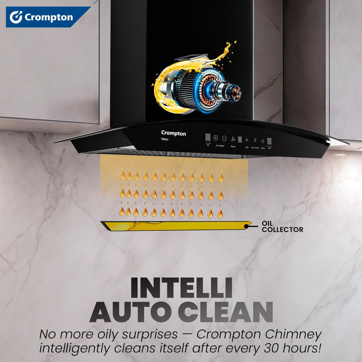 Crompton Niteo Curved (NIC-60) 60 cm Chimney | Self Intelli Auto Clean | Max Suction 1500 m³/hr | BLDC Motor |