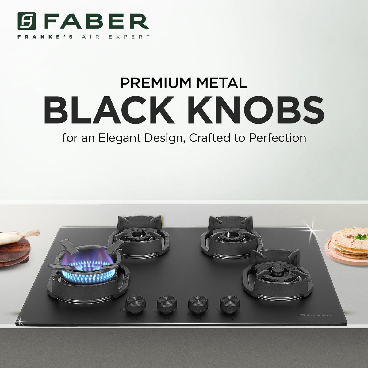 Faber Hob Della Matte Black Finish 72 cm 4 Burner | Premium Brass Burners | Auto Ignition | Toughened Glass
