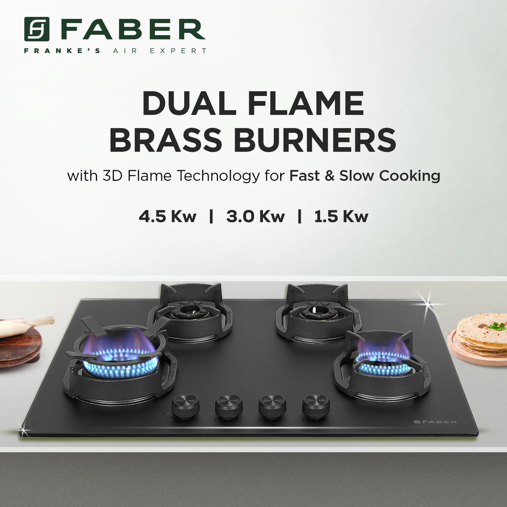 Faber Hob Della Matte Black Finish 72 cm 4 Burner | Premium Brass Burners | Auto Ignition | Toughened Glass