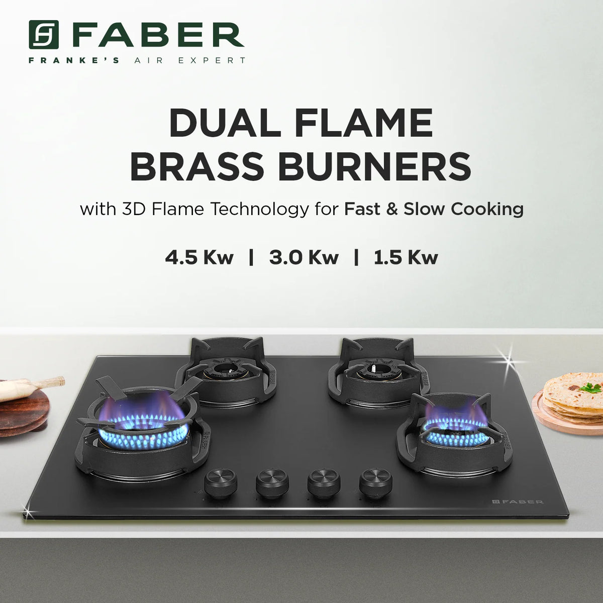 Faber Hob Della Matte Black Finish 72 cm 4 Burner | Premium Brass Burners | Auto Ignition | Toughened Glass