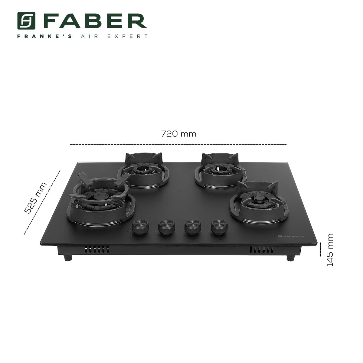 Faber Hob Della Matte Black Finish 72 cm 4 Burner | Premium Brass Burners | Auto Ignition | Toughened Glass