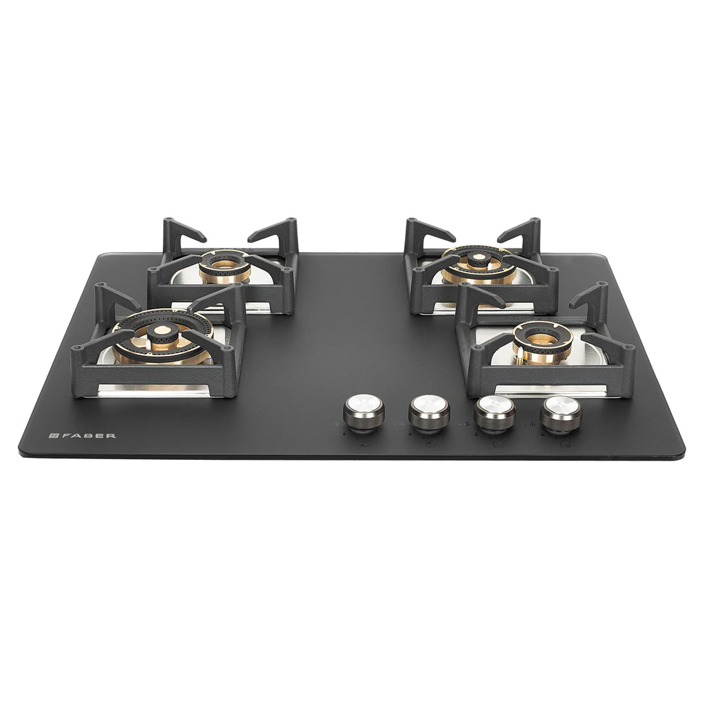 Faber Bella 70 cm 4  Brass Burner Built-in Gas Hob | Matte Black Glass Top | Auto-Ignition |