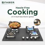 Faber Bella 70 cm 4  Brass Burner Built-in Gas Hob | Matte Black Glass Top | Auto-Ignition |