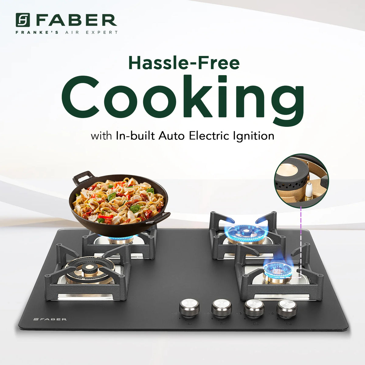 Faber Bella 70 cm 4  Brass Burner Built-in Gas Hob | Matte Black Glass Top | Auto-Ignition |