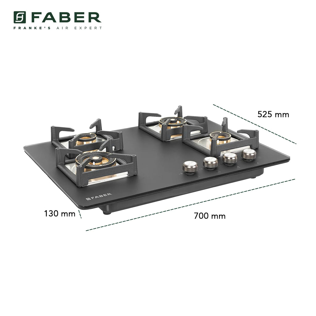 Faber Bella 70 cm 4  Brass Burner Built-in Gas Hob | Matte Black Glass Top | Auto-Ignition |