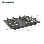 Faber Bella 70 cm 4  Brass Burner Built-in Gas Hob | Matte Black Glass Top | Auto-Ignition |