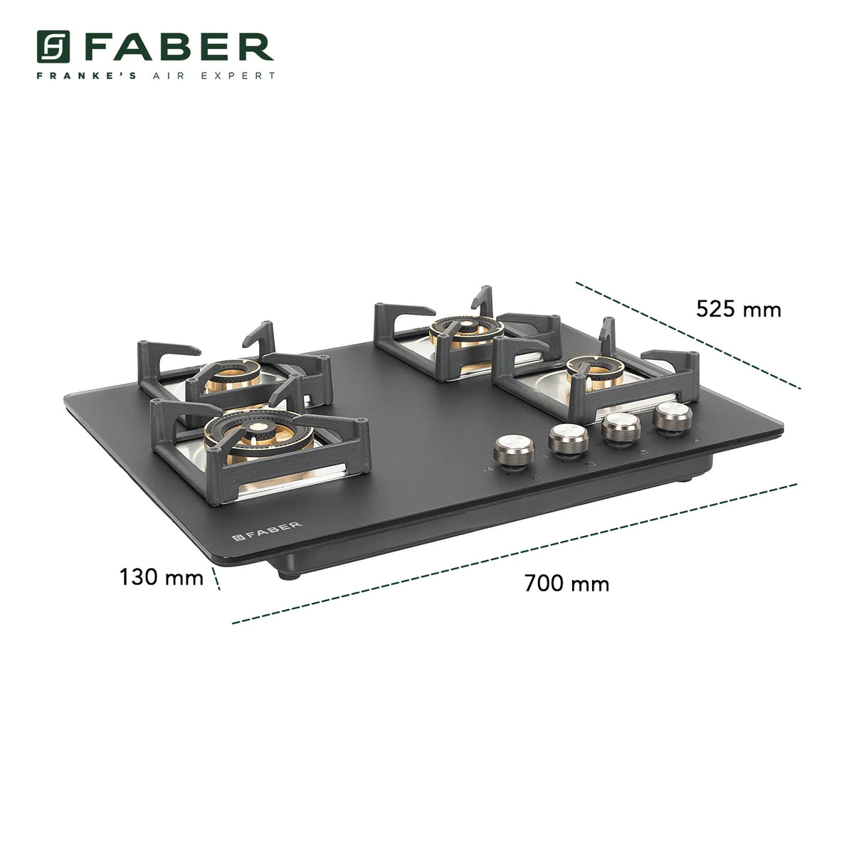 Faber Bella 70 cm 4  Brass Burner Built-in Gas Hob | Matte Black Glass Top | Auto-Ignition |