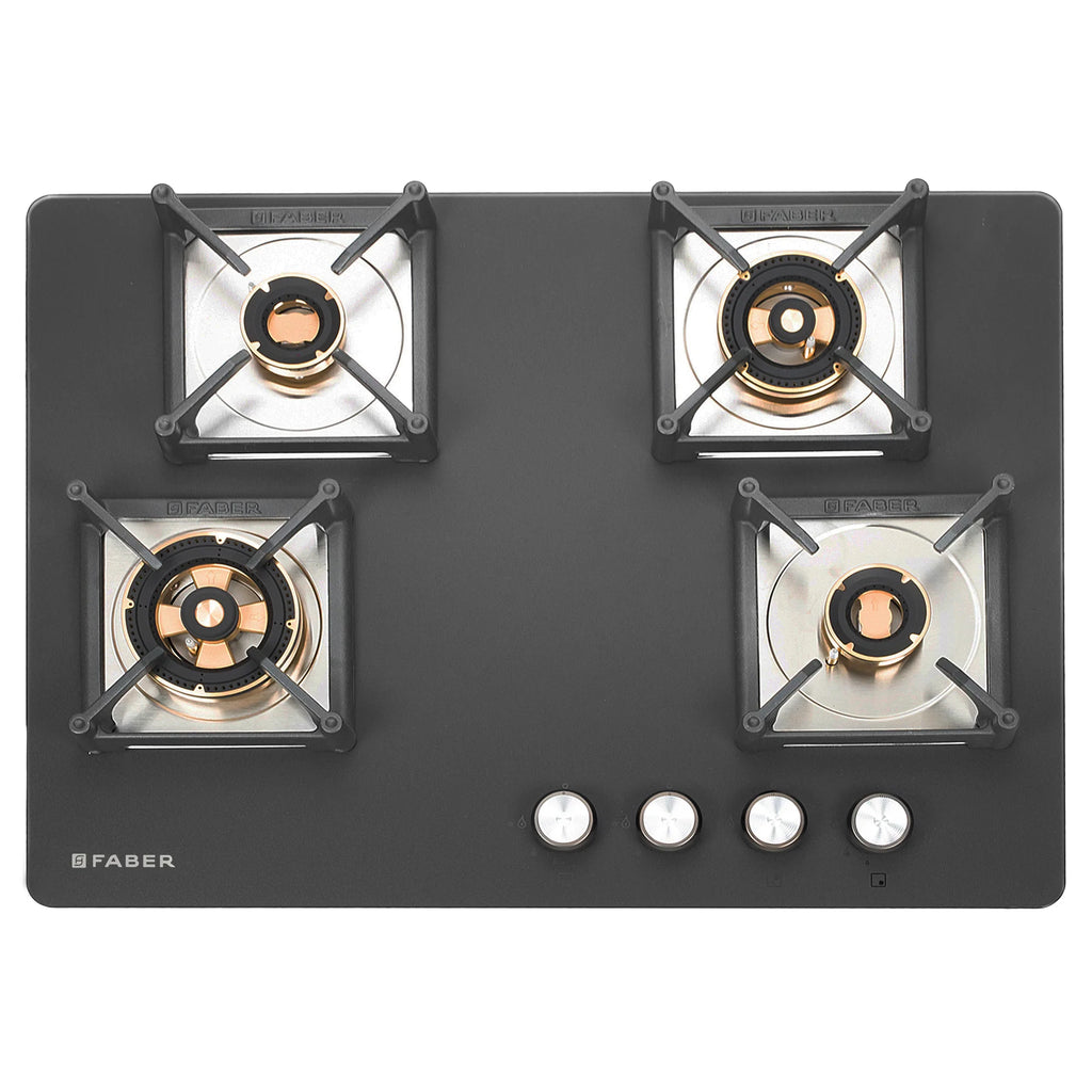 Faber Bella 70 cm 4  Brass Burner Built-in Gas Hob | Matte Black Glass Top | Auto-Ignition |