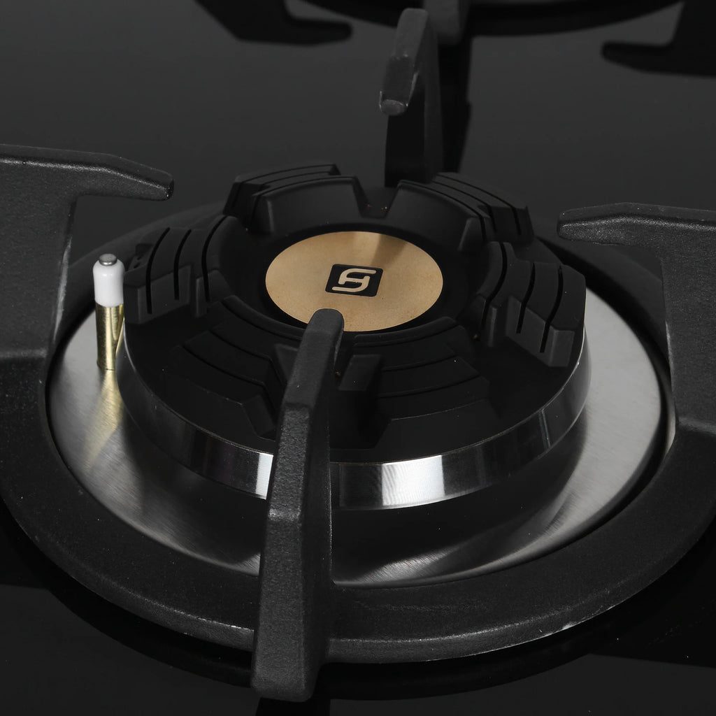Faber Maxus 60 cm 4 Brass Burner Built-in Gas Hob with Black Tempered Glass Top | Auto-Ignition