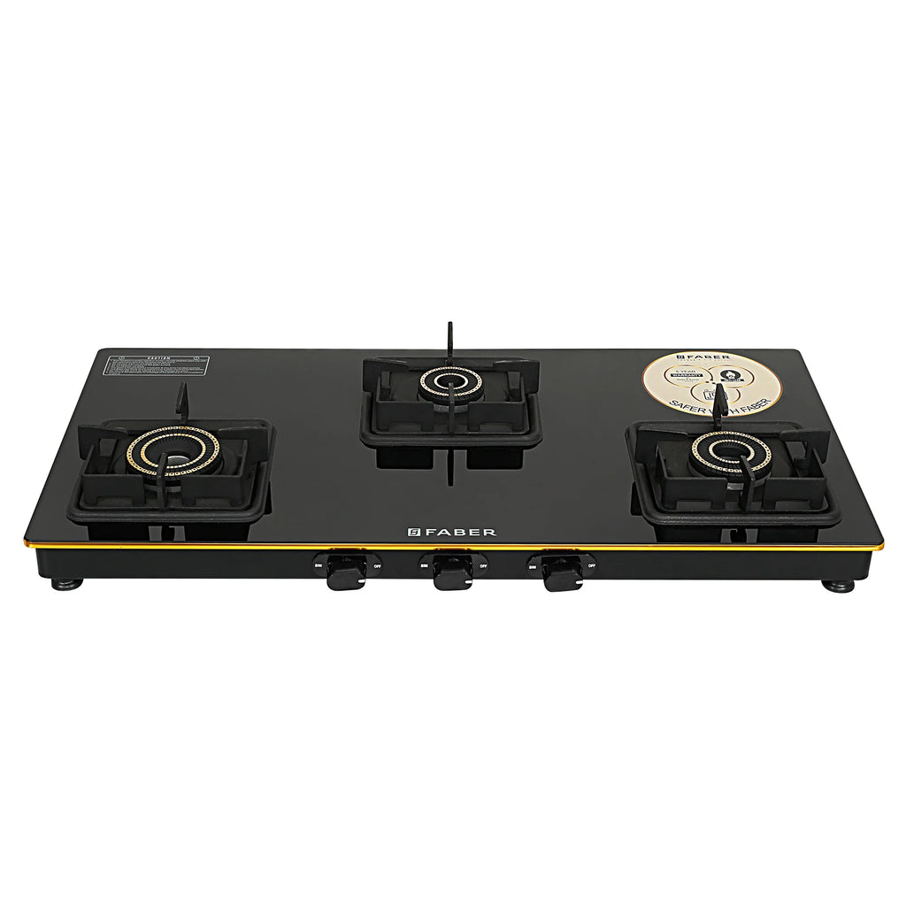 Faber Cooktop Prince Plus 3 Burner 77 cm Slim Glass Cooktop | Premium Brass Burners | Manual Ignition