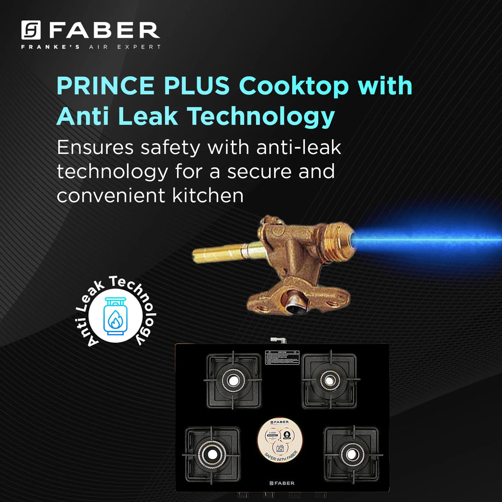 Faber Cooktop Prince Plus 4 Burner 72 cm Slim Glass Cooktop | Premium Brass Burners | Manual Ignition