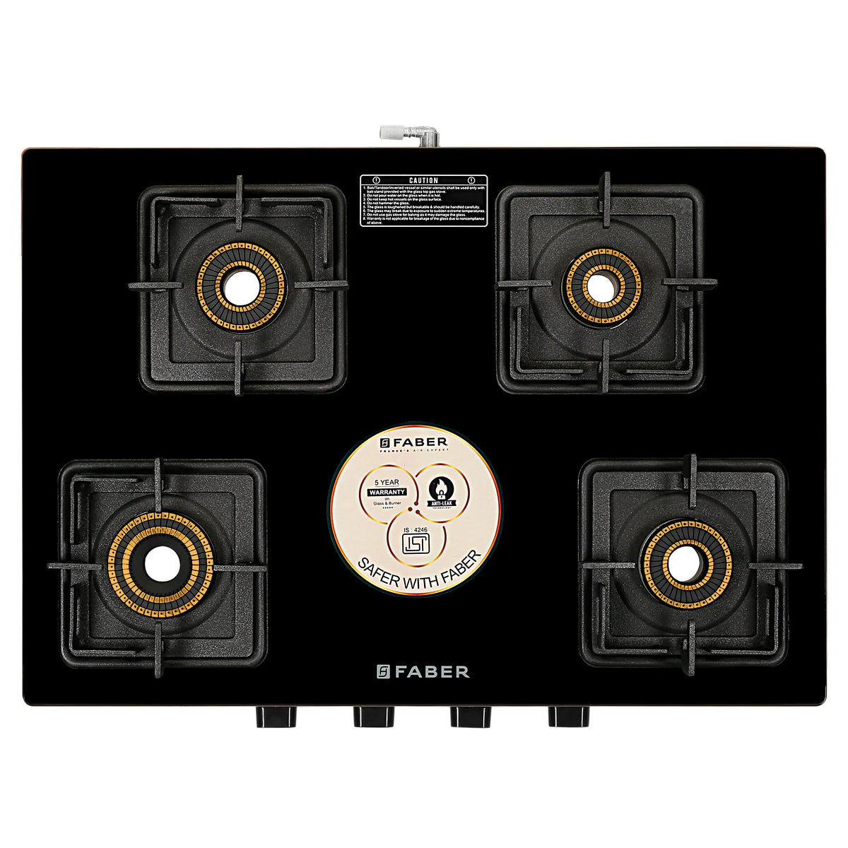Faber Cooktop Prince Plus 4 Burner 72 cm Slim Glass Cooktop | Premium Brass Burners | Manual Ignition