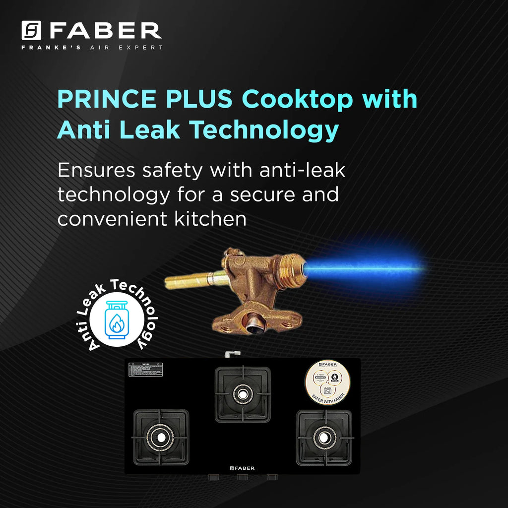 Faber Cooktop Prince Plus 3 Burner 77 cm Slim Glass Cooktop | Premium Brass Burners | Manual Ignition
