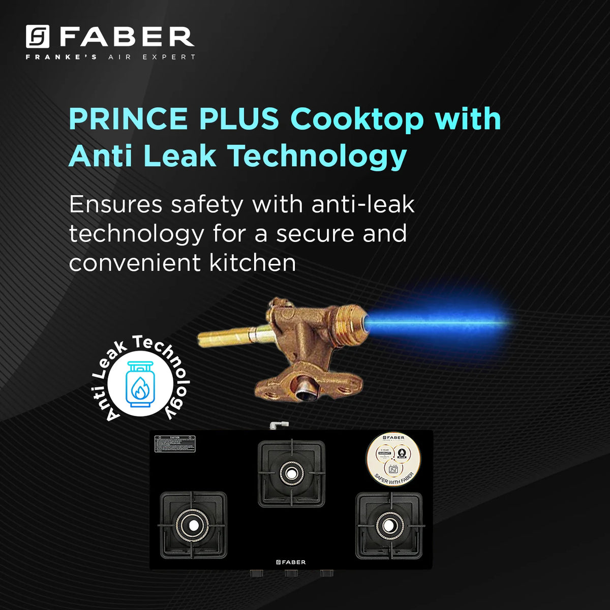Faber Cooktop Prince Plus 3 Burner 77 cm Slim Glass Cooktop | Premium Brass Burners | Manual Ignition