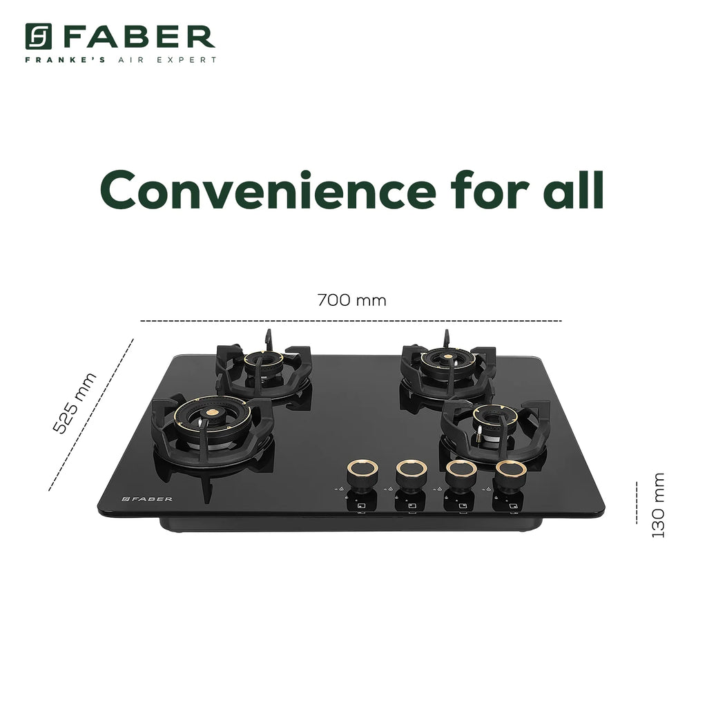 Faber Hob Experia Elegant Black Design 70 cm 4 Burner | Premium Brass Burners | Auto Ignition | Toughened Glass