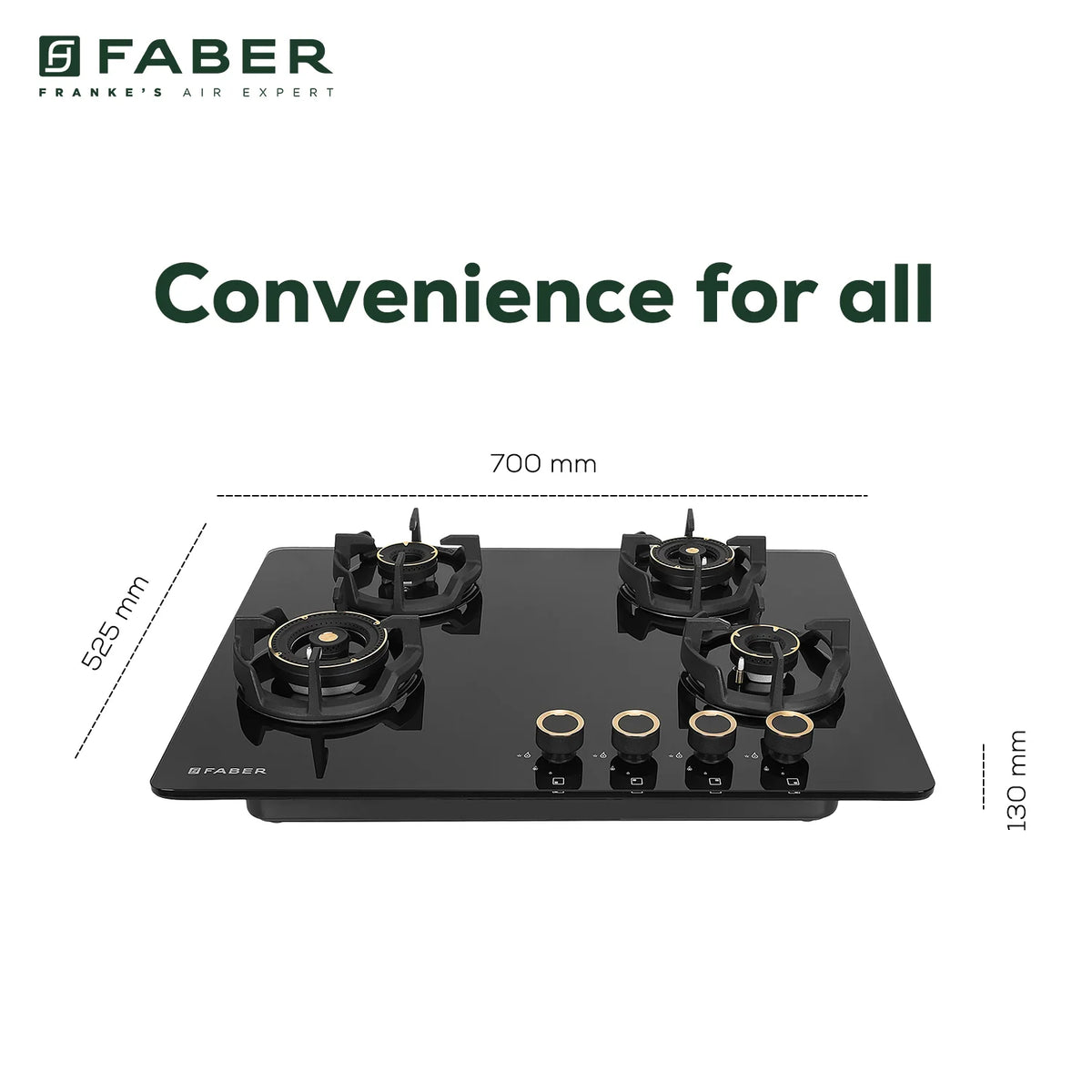 Faber Hob Experia Elegant Black Design 70 cm 4 Burner | Premium Brass Burners | Auto Ignition | Toughened Glass