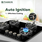 Faber Hob Experia Elegant Black Design 70 cm 4 Burner | Premium Brass Burners | Auto Ignition | Toughened Glass