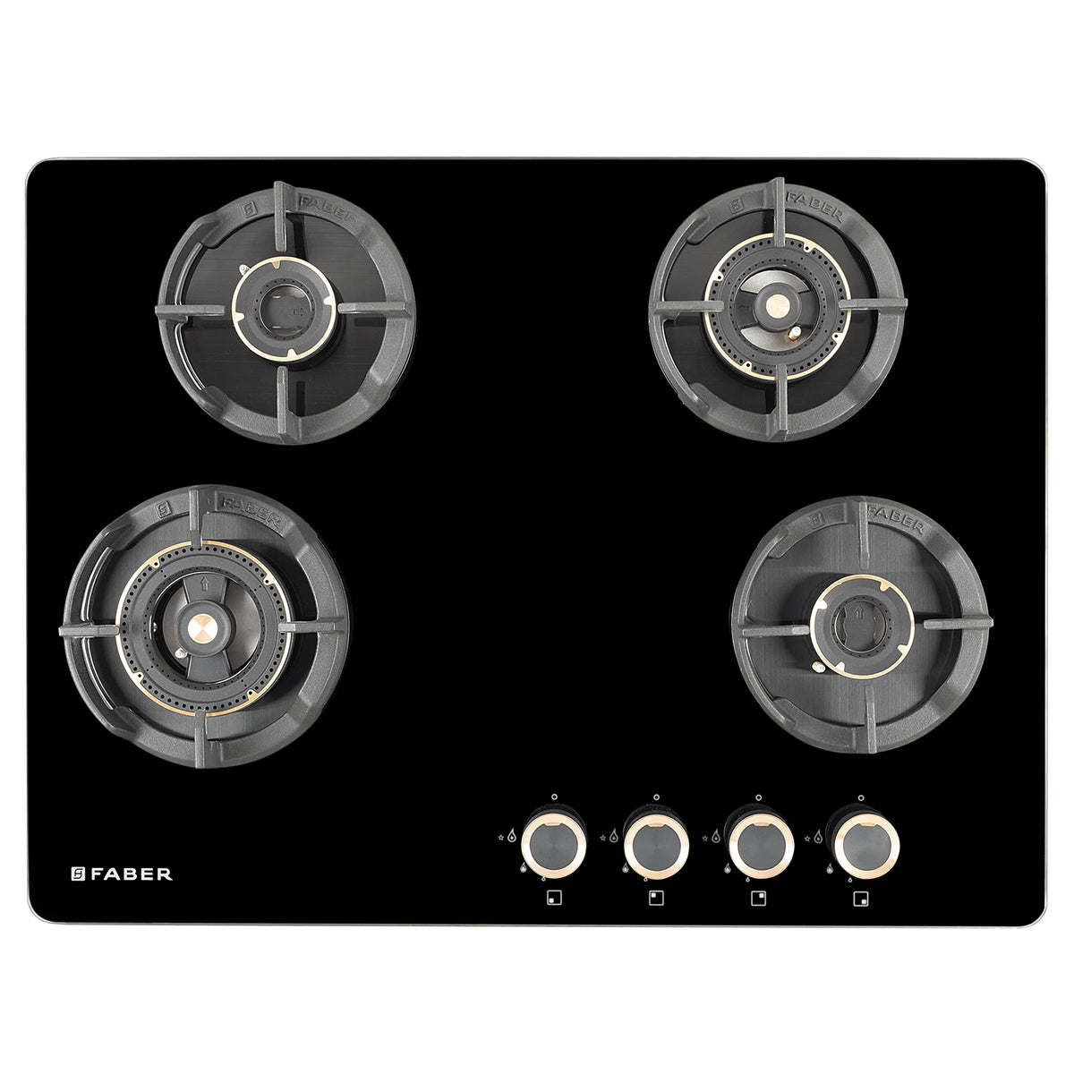Faber Hob Experia Elegant Black Design 70 cm 4 Burner | Premium Brass Burners | Auto Ignition | Toughened Glass