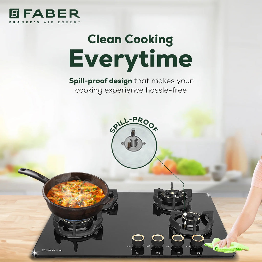 Faber Hob Experia Elegant Black Design 70 cm 4 Burner | Premium Brass Burners | Auto Ignition | Toughened Glass