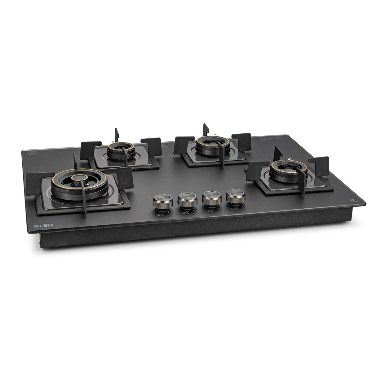 Glen 77 cm 4 Burner Matte Black Glass Hob with 4 Forged Brass Burners & Multi-Spark Auto Ignition (BH1074SQHTTRMG)