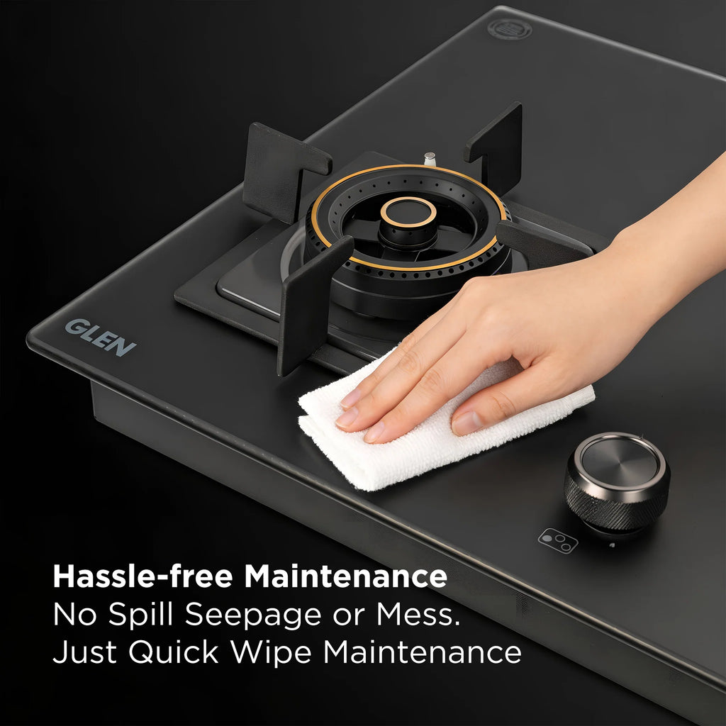 Glen 77 cm 4 Burner Matte Black Glass Hob with 4 Forged Brass Burners & Multi-Spark Auto Ignition (BH1074SQHTTRMG)