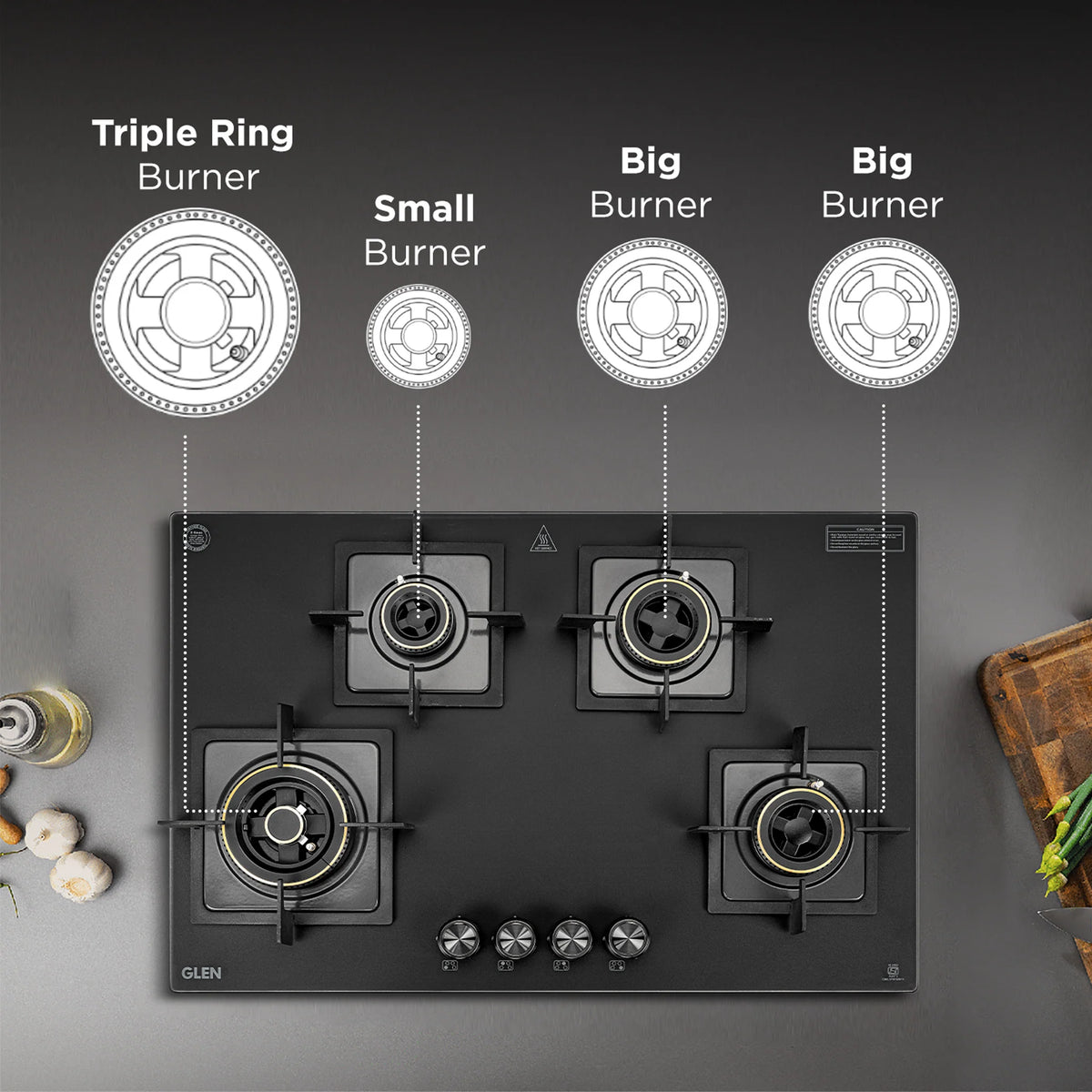 Glen 77 cm 4 Burner Matte Black Glass Hob with 4 Forged Brass Burners & Multi-Spark Auto Ignition (BH1074SQHTTRMG)