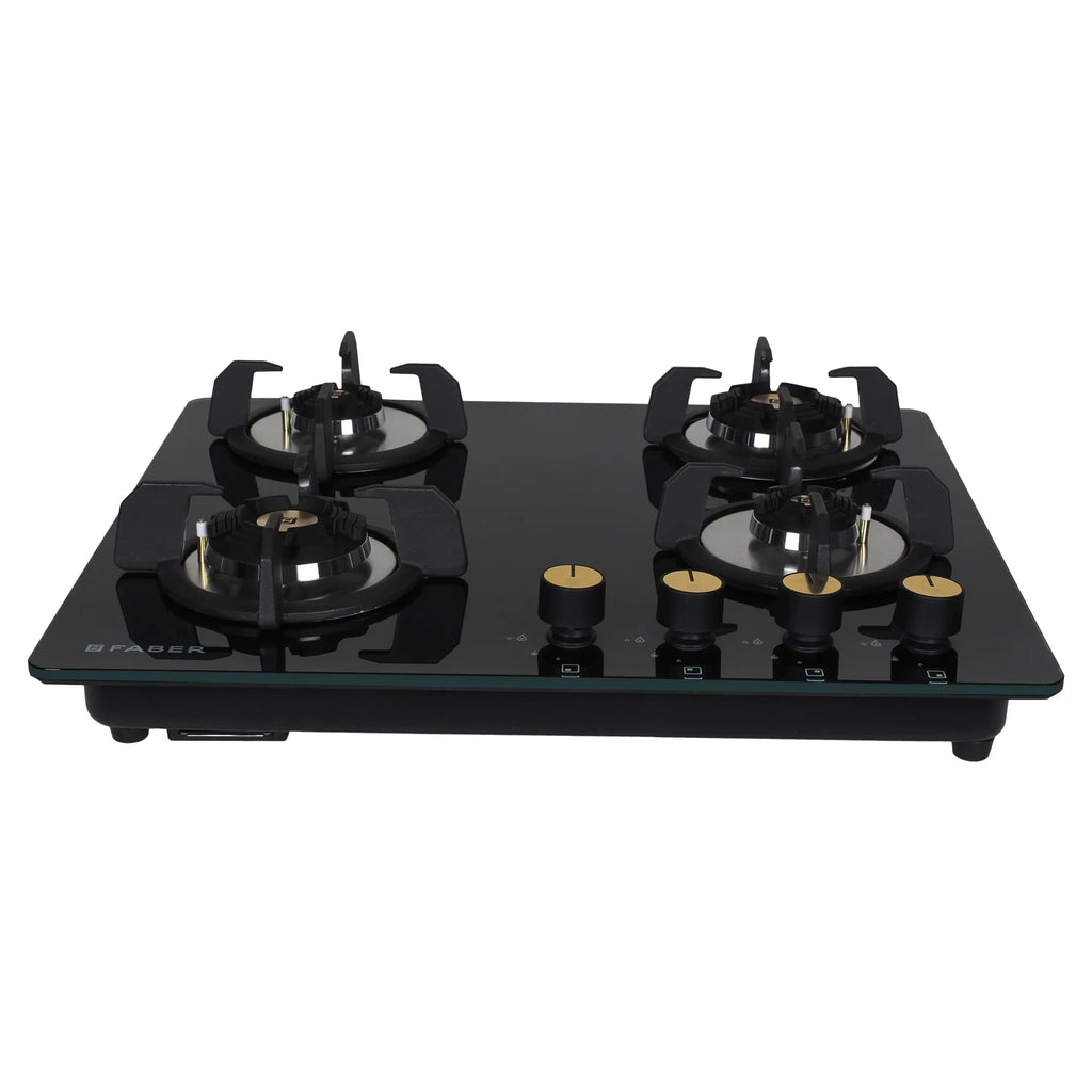 Faber Maxus 60 cm 4 Brass Burner Built-in Gas Hob with Black Tempered Glass Top | Auto-Ignition