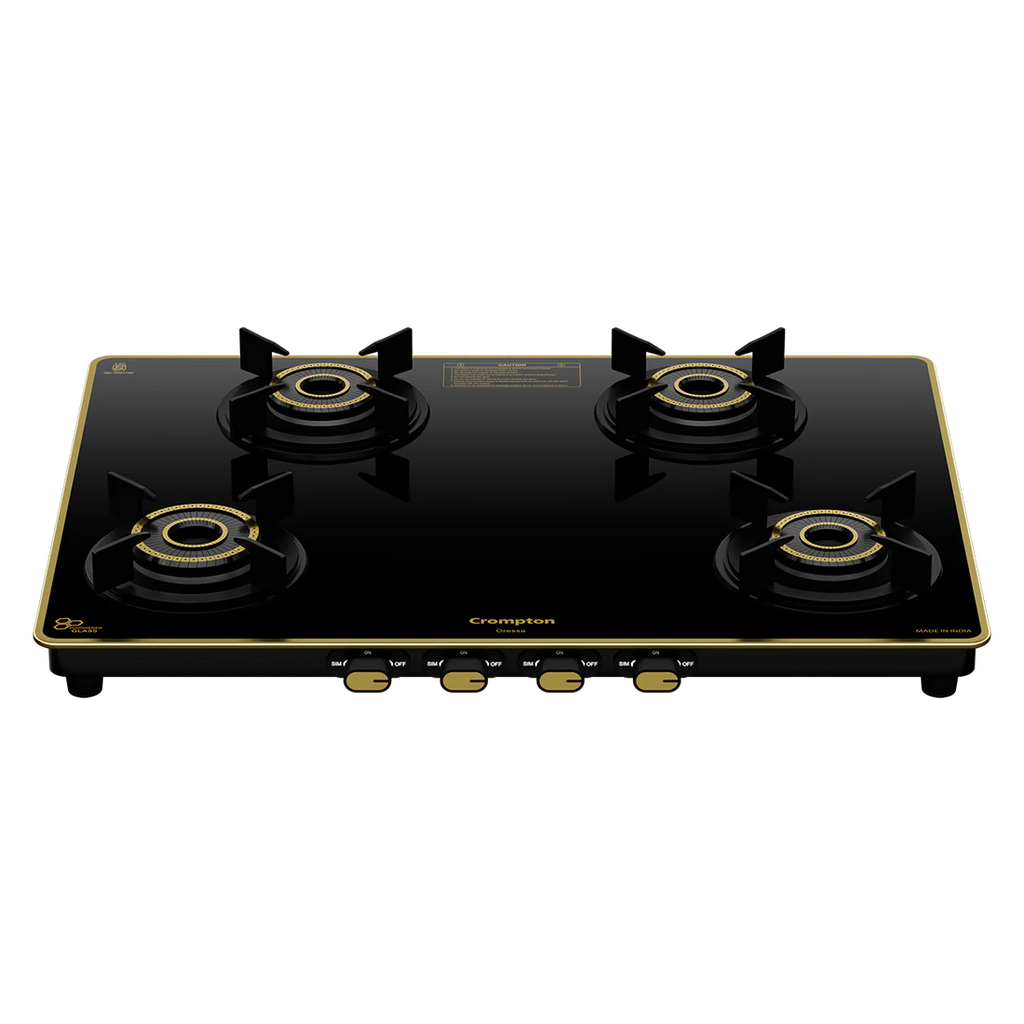 Crompton Oressa 4 Burner 70 cm Slim Glass Cooktop | Premium Brass Burners | Cookto