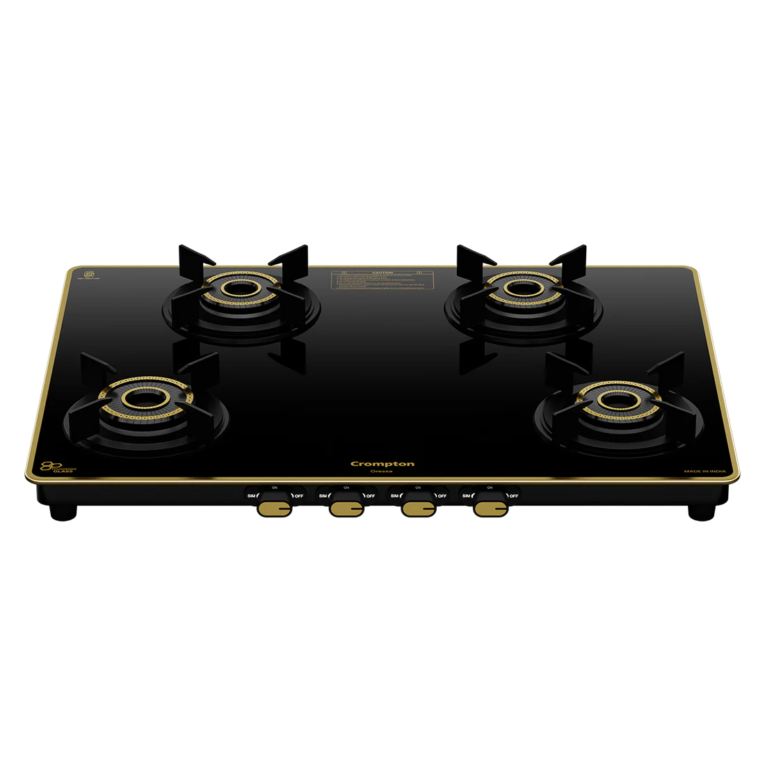 Crompton Oressa 4 Burner 70 cm Slim Glass Cooktop | Premium Brass Burners | Cookto