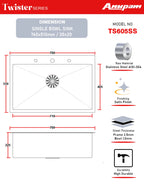 Anupam Sink 30x20 Inch (760x510 mm) |Twister Series | Satin Finish | Single Bowl