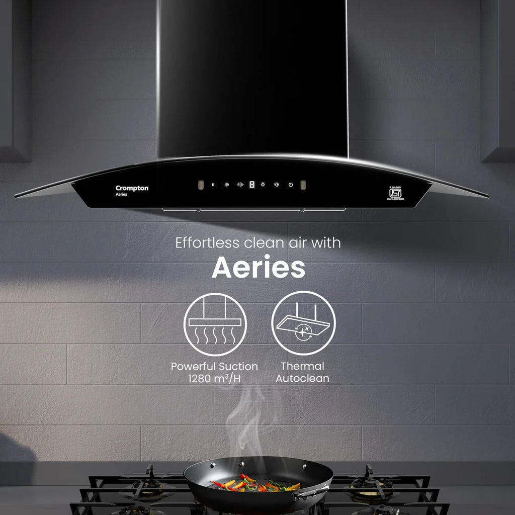 Crompton Aeries Curved 60 cm Filterless Kitchen Chimney | 1280 m³/hr Suction | Gesture Control | Thermal Auto Clean