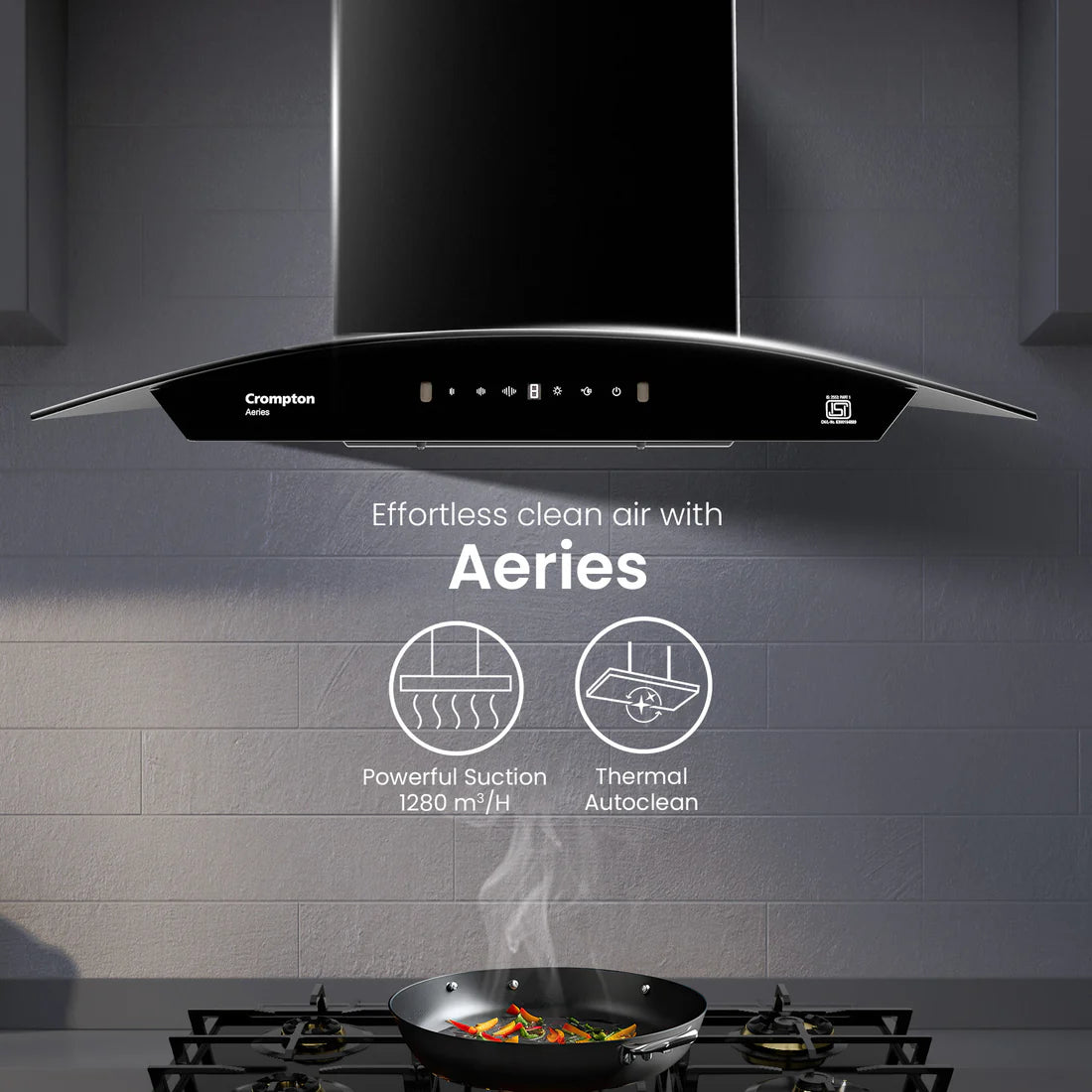 Crompton Aeries Curved 60 cm Filterless Kitchen Chimney | 1280 m³/hr Suction | Gesture Control | Thermal Auto Clean