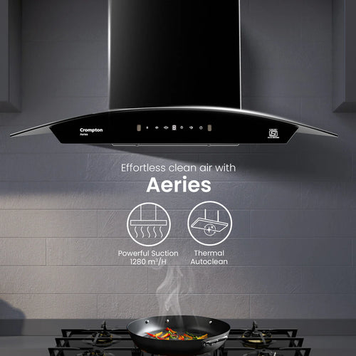 Crompton Aeries Curved 60 cm Filterless Kitchen Chimney | 1280 m³/hr Suction | Gesture Control | Thermal Auto Clean