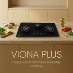 Crompton Hob Viona Plus Matte Black  78 cm 3 Burner | Premium Brass Burners | Auto Ignition | Toughened Glass Finish