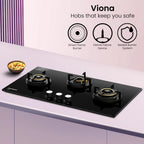 Crompton Hob Viona  Black 78 cm 3 Burner | Premium Brass Burners | Auto Ignition | Toughened Glass Finish