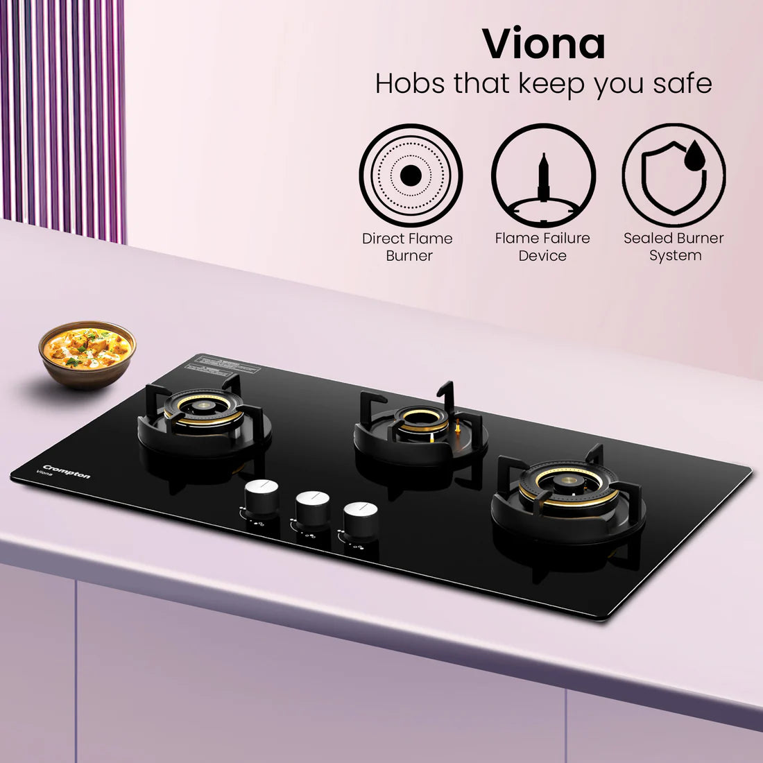 Crompton Hob Viona  Black 78 cm 3 Burner | Premium Brass Burners | Auto Ignition | Toughened Glass Finish