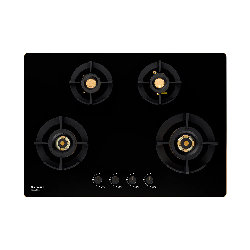 Crompton Hob Viona Plus Matte Black 82 cm 4 Burner | Premium Brass Burners | Auto Ignition | Toughened Glass Finish