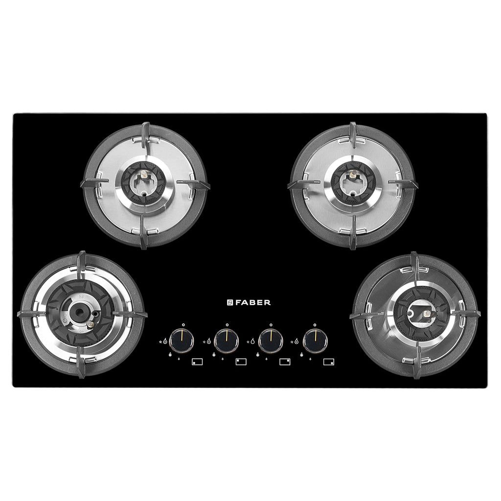 Faber Hob Superia Elegant Black Design 76 cm 4 Burner | Premium Brass Burners | Auto Ignition | Toughened Glass