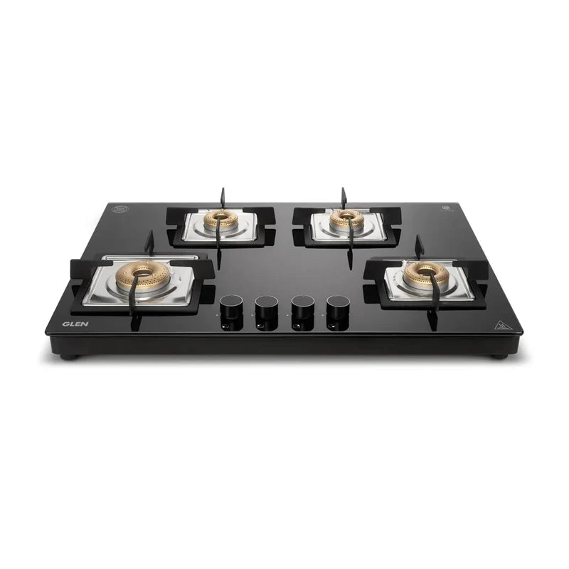 Glen 4 Burner Built-in Glass Hob | Premium Forged Brass Burners | Auto Ignition | Toughened Glass Finish