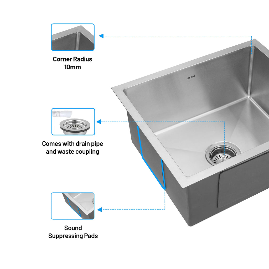 Glen 24" x 18" x 9" Sink 304 Grade Stainless Steel Handmade Single Bowl Kitchen Sink | Matte Finish | Heavy-Duty