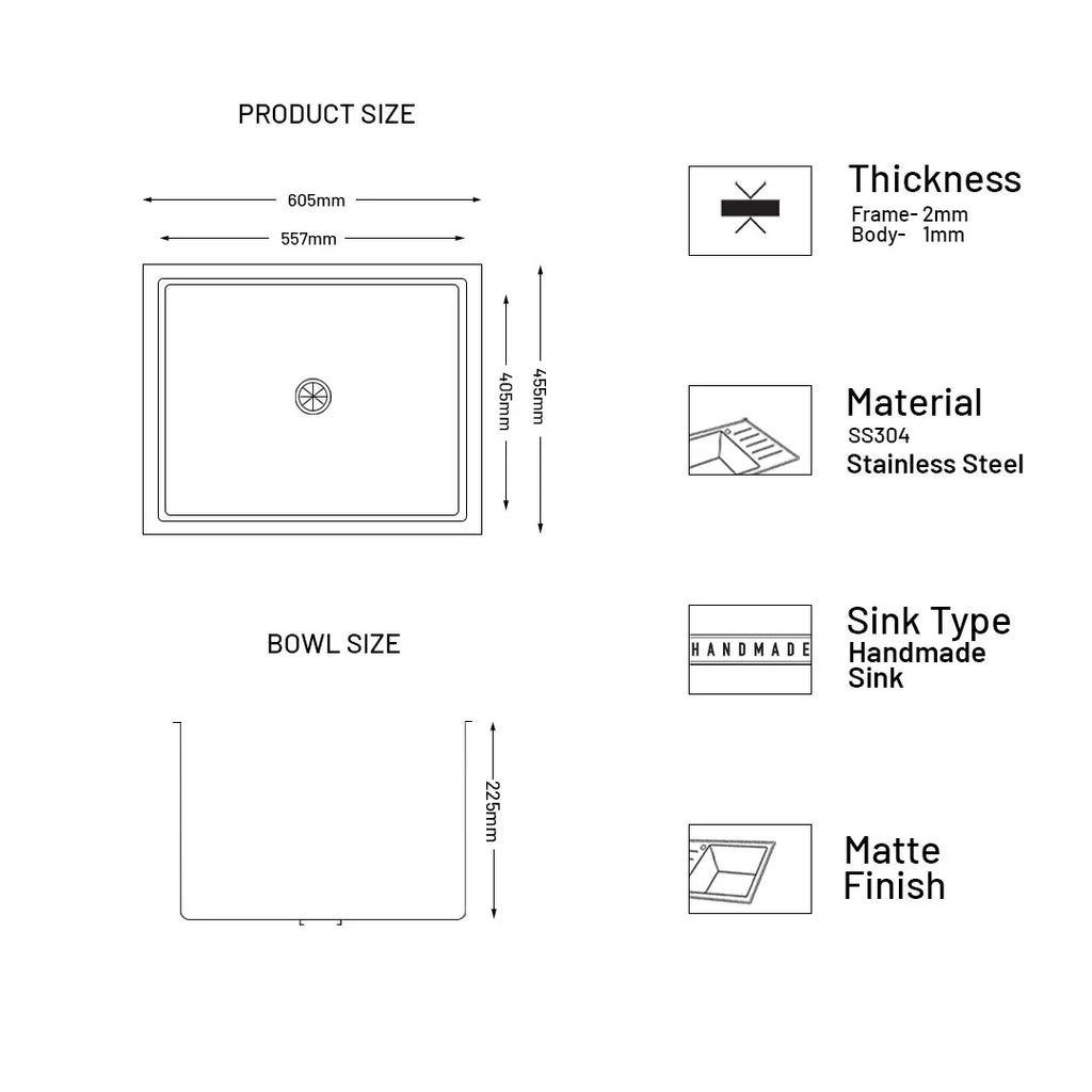 Glen 24" x 18" x 9" Sink 304 Grade Stainless Steel Handmade Single Bowl Kitchen Sink | Matte Finish | Heavy-Duty