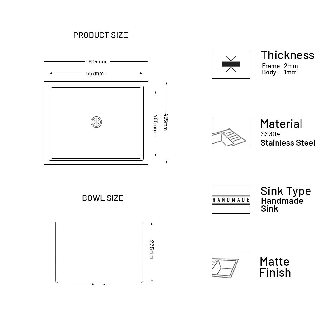 Glen 24" x 18" x 9" Sink 304 Grade Stainless Steel Handmade Single Bowl Kitchen Sink | Matte Finish | Heavy-Duty